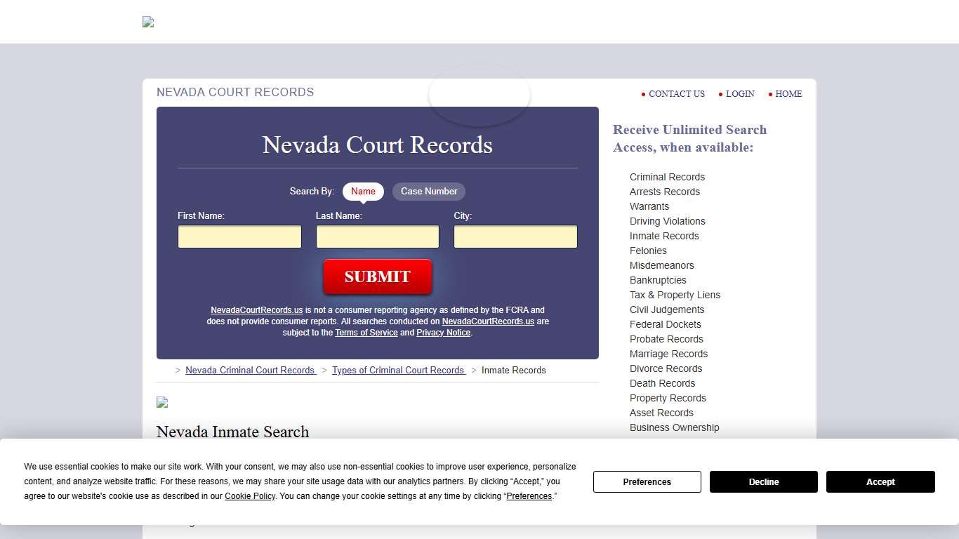 Nevada Inmate Search | NevadaCourtRecords.us