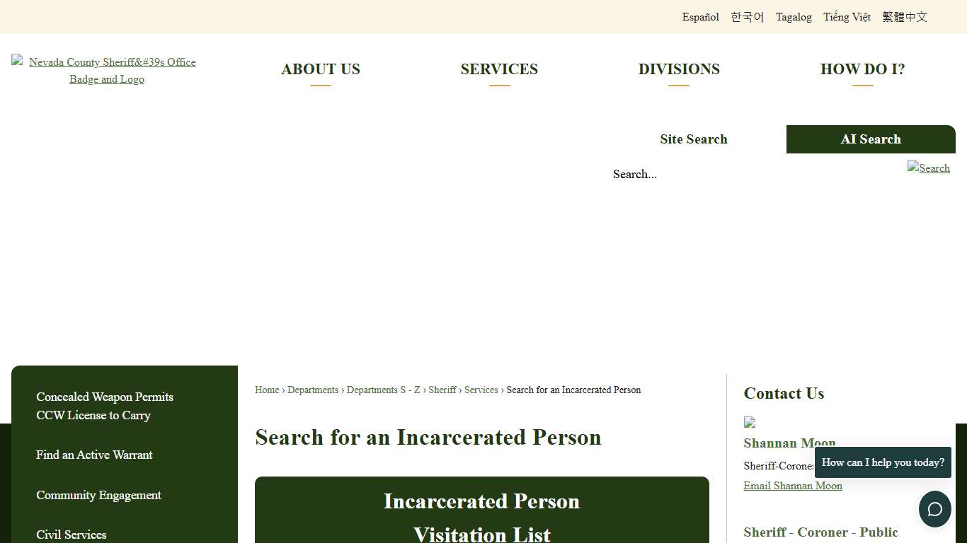 Search for an Incarcerated Person | Nevada County, CA